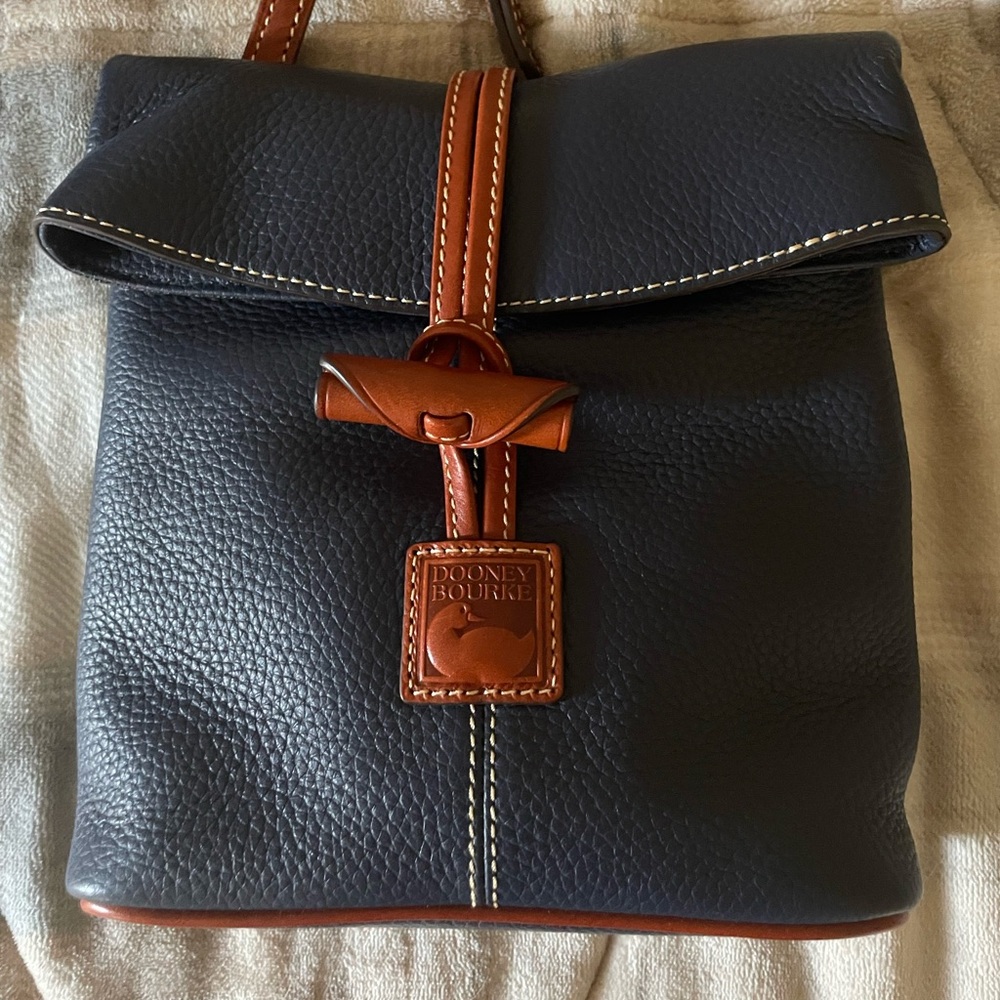 Dooney & Bourke Navy Blue and Brown Messenger Bag with Pebbled Leather